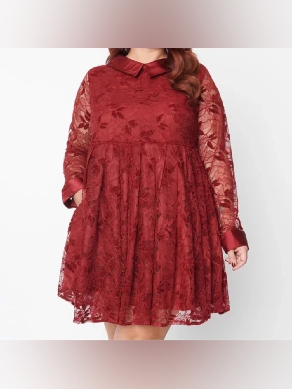Unique Vintage Lace A-Line Dress in Burgundy lined retro size 6-8 NWT collared